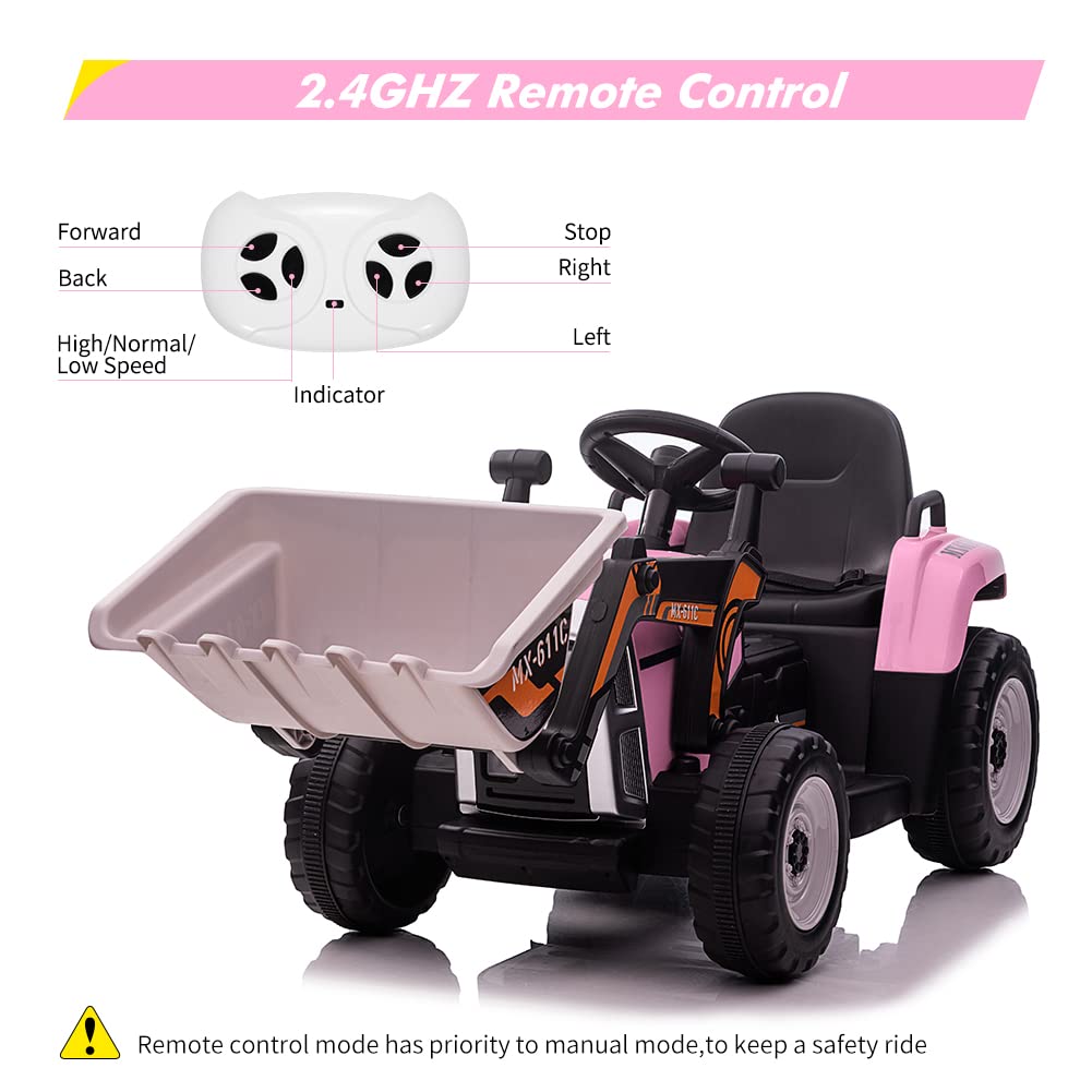 Garvee 12V Kids Ride on Car,Excavator with Bucket & Remote Control,Toddler Battery Powered Electric Vehicle,2+1 Gear Shift,3 Speeds,Bluetooth,7-LED Headlights,Music,Thread Tire,Pink