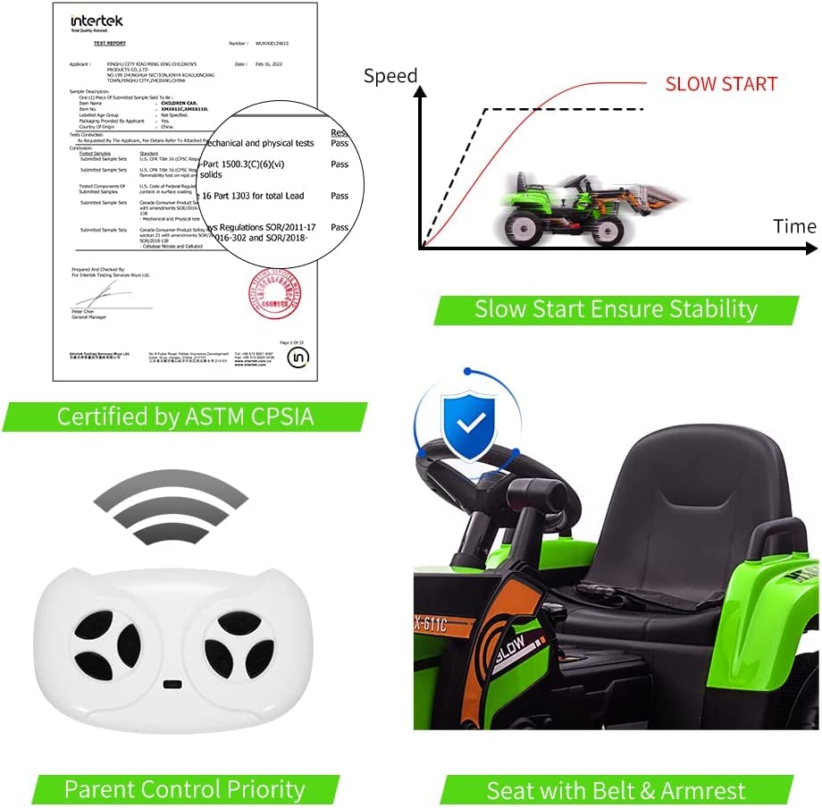 Garvee 12V Kids Ride on Car,Excavator with Bucket & Remote Control,Toddler Battery Powered Electric Vehicle,2+1 Gear Shift,3 Speeds,Bluetooth,7-LED Headlights,Music,Thread Tire,green