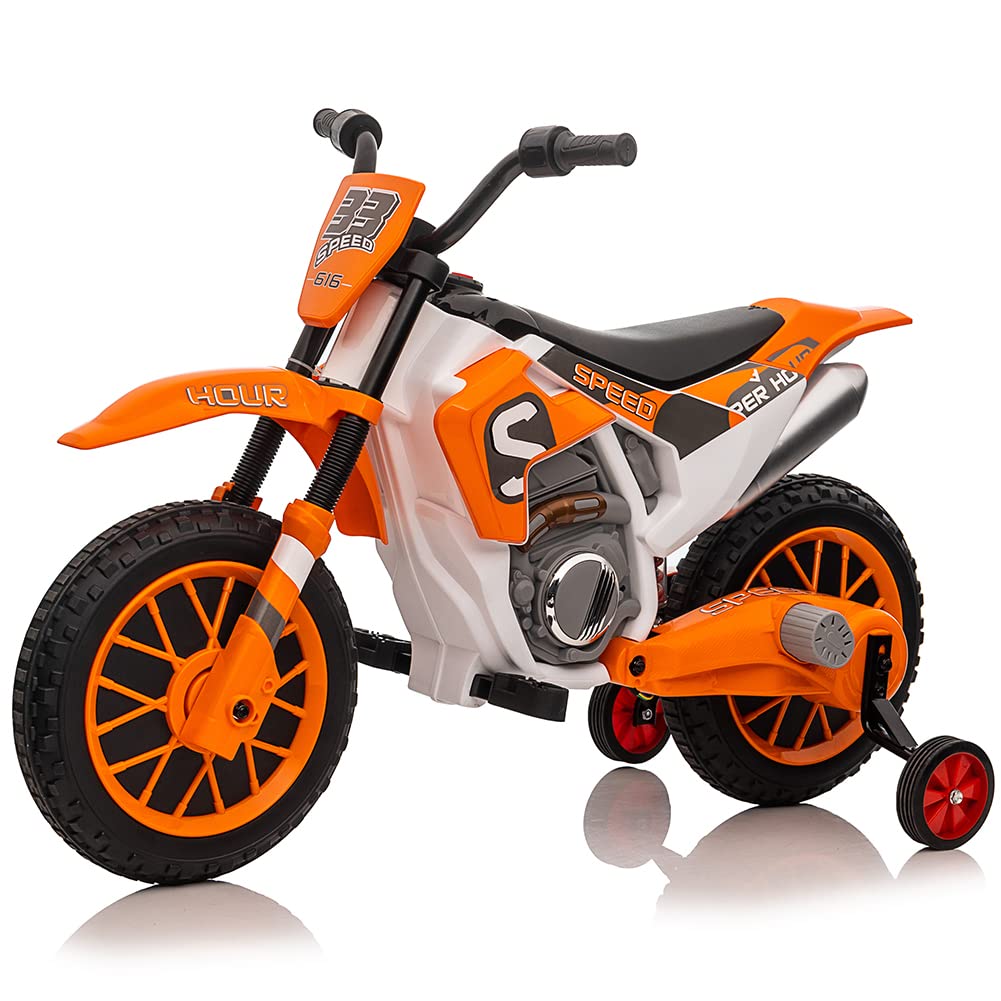 Garvee 12V Kids Ride On Motorcycle, 7AH Battery Powered Electric Motorcycle 2 Speed Off Road Motocross with 35W Strong Motor, Training Wheels, Spring Suspension - Orange