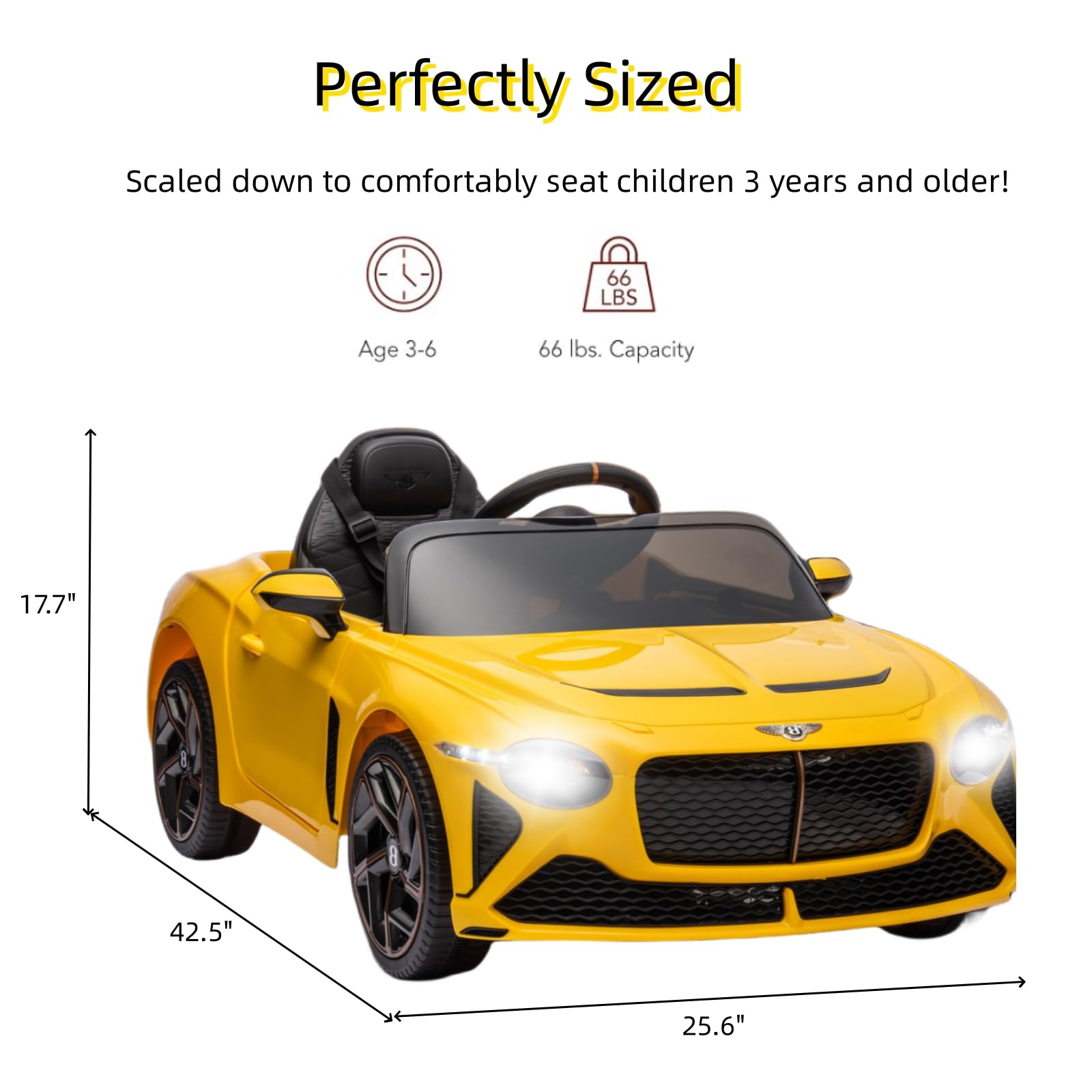 Garvee Kids Ride On Car, Licensed Bentley Bacalar 12V Electric Vehicles w/Parent Remote Control, Scissor Door, Suspension, 3 Speeds, LED Lights, Horn, Battery Powered Ride on Toy for Boys Girls - Yellow