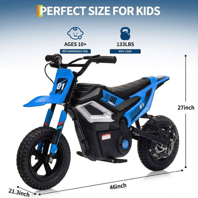 Garvee 24V Electric Dirt Bike for Kids 350W Motor, Rear Suspension, Leather Seat, Bluetooth Music, 12" Tires, Ages 10+, Outdoor Riding