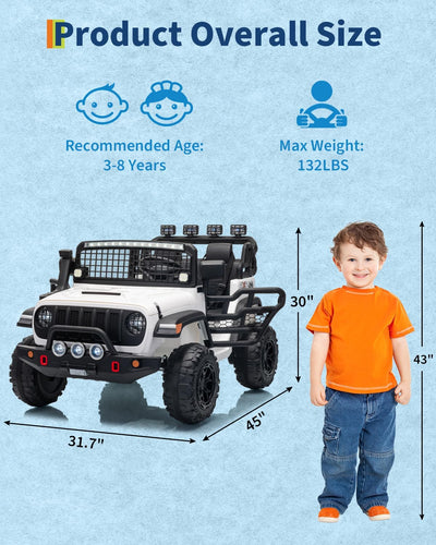Garvee 24V Ride on Toys for Big Kids, 2-Seater Electric Ride on Car Truck with Remote Control, Four-Wheel Shock Absorbers, 4 Mph Max Speed, Music, LED Lights for Boys Girls, White