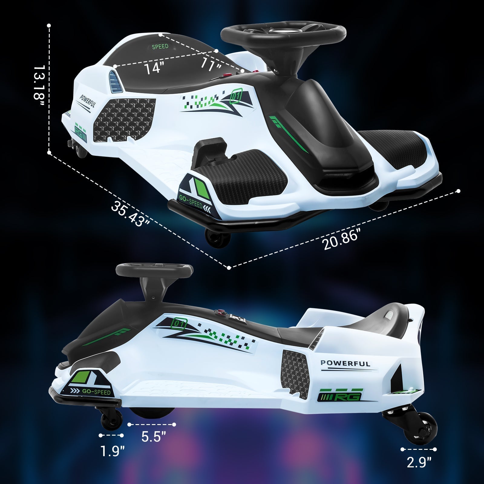 Garvee Ride - G Series: 24V Drift Go-Kart for Kids: Quality Metal, 7.5mph, LED, Music, for 8-12 Years Old - White
