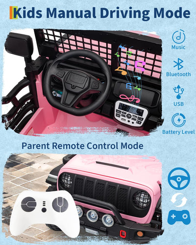 Garvee 24V Ride on Toys for Big Kids, 2-Seater Electric Ride on Car Truck with Remote Control, Four-Wheel Shock Absorbers, 4 Mph Max Speed, Music, LED Lights for Boys Girls, Pink