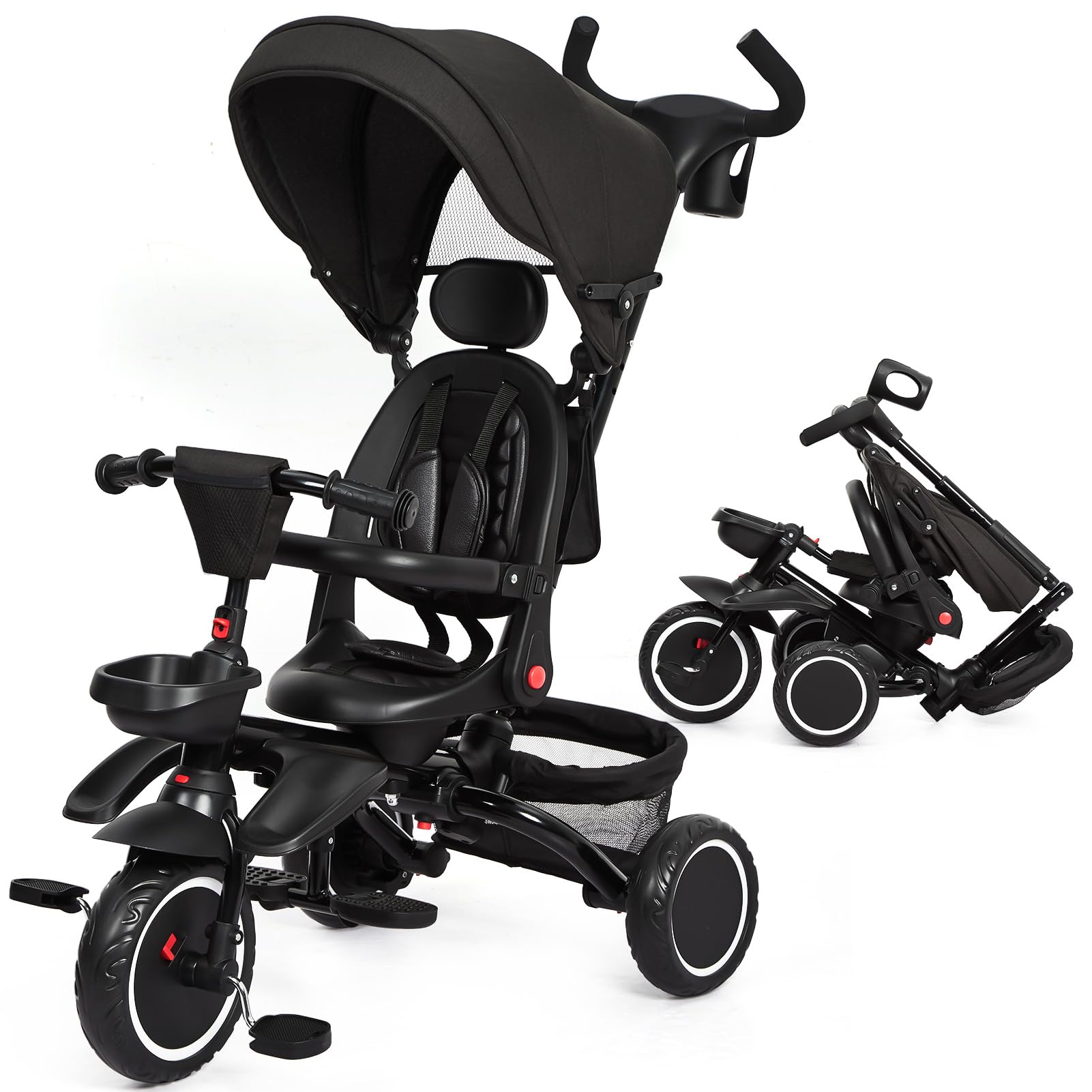 Garvee Baby Tricycle, 7 in 1 Folding Toddler Bike w/Removable Adjustable Push Handle, Canopy, Rotatable Seat, Safety Harness, Cup Holder & Storage, Trike for 1-5 Year Old, Tricycle for Toddlers