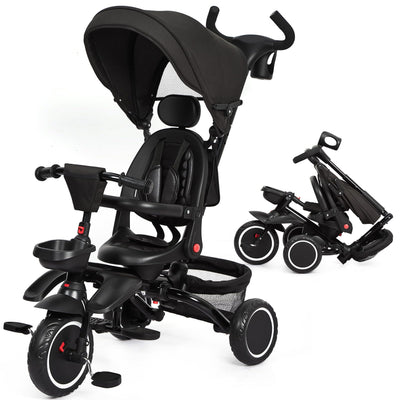 Garvee Baby Tricycle, 7 in 1 Folding Toddler Bike w/Removable Adjustable Push Handle, Canopy, Rotatable Seat, Safety Harness, Cup Holder & Storage, Trike for 1-5 Year Old, Tricycle for Toddlers