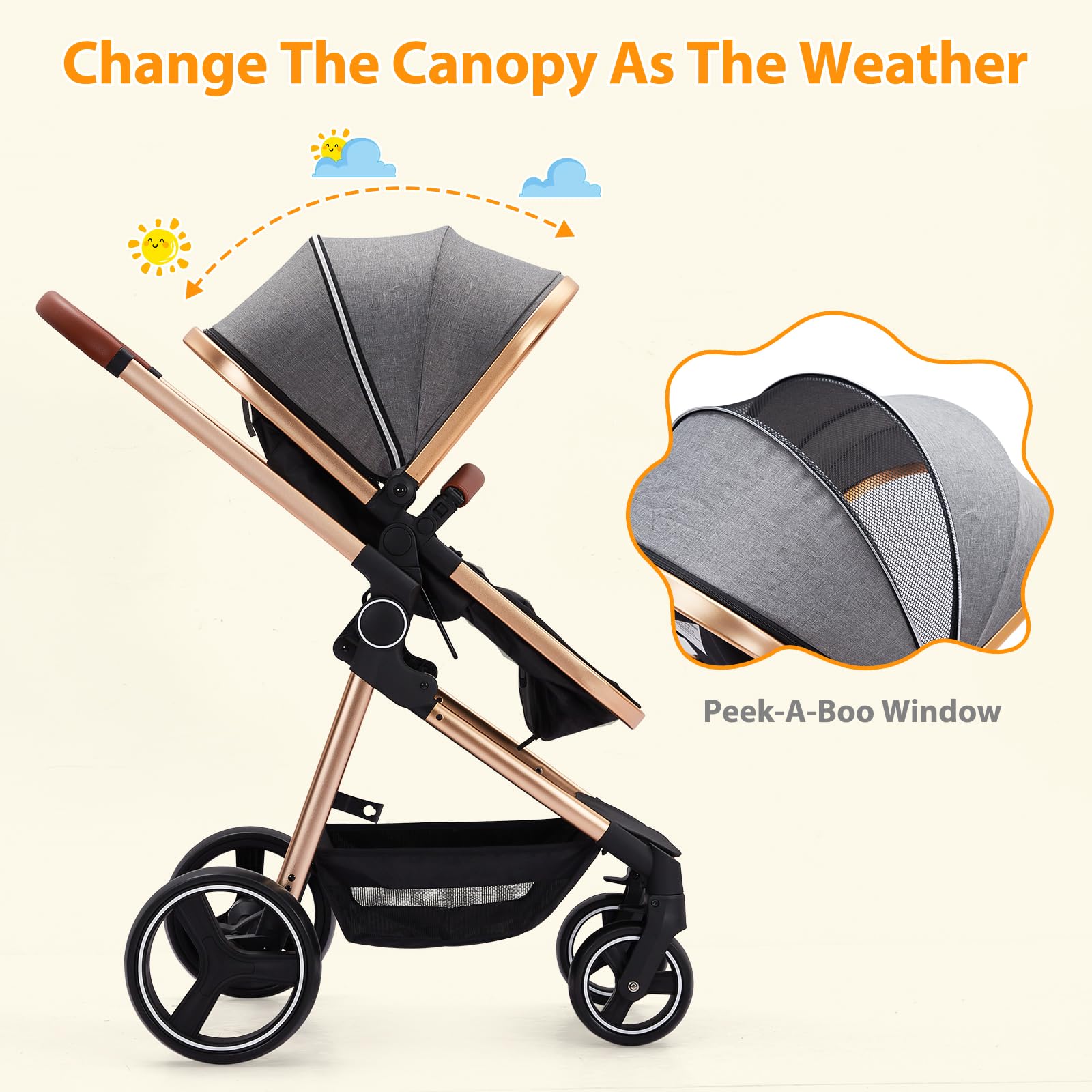 Garvee Baby Stroller for Toddler.Foldable Aluminum Alloy Pushchair with Adjustable Backrest.Bassinet Stroller Adjustable Direction & High Landscape Infant Stroller Gray