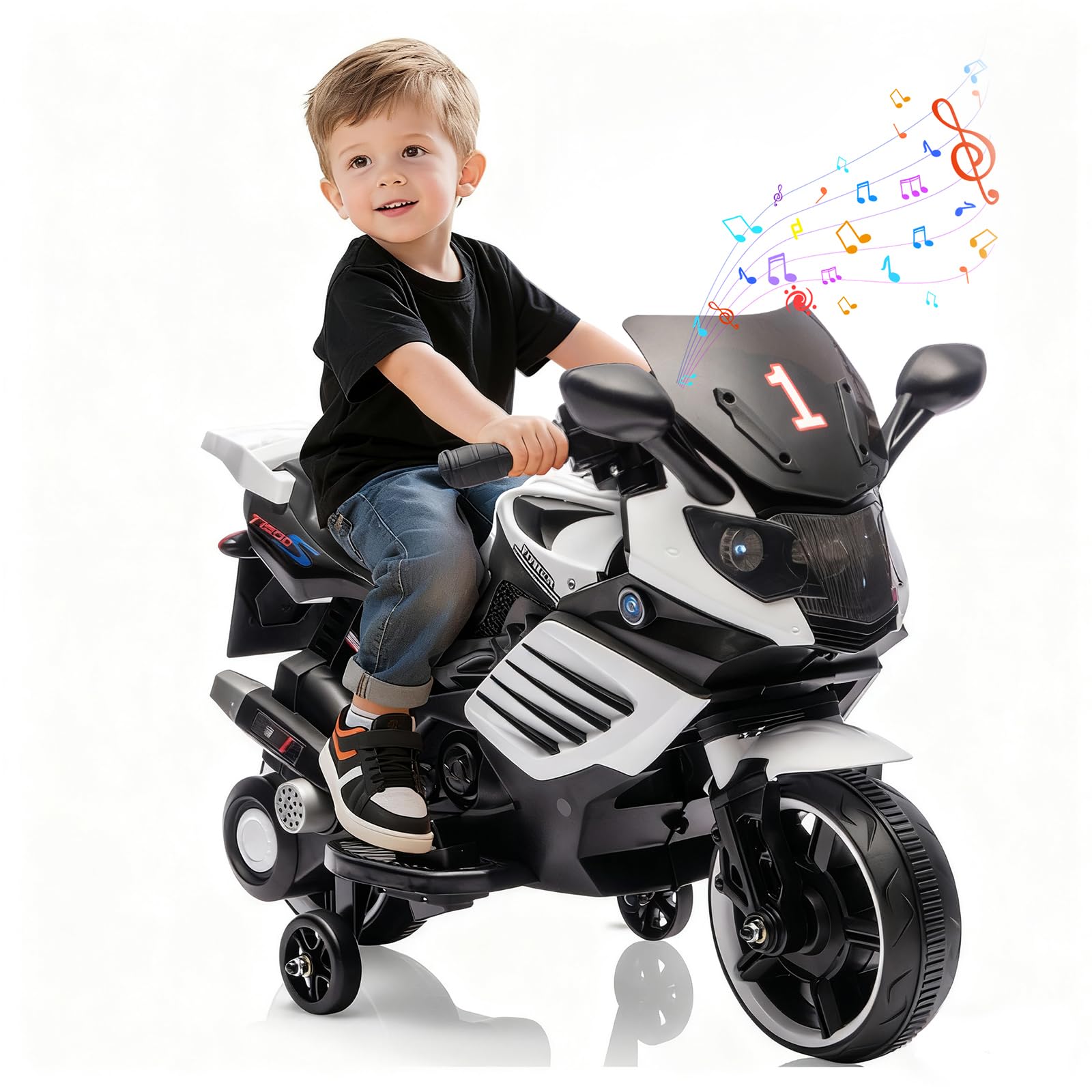 Garvee Kids 6V Ride On Motorcycle With Training Wheels For Toddlers, 30.31" L x 14.96" W x 19.69" H, White