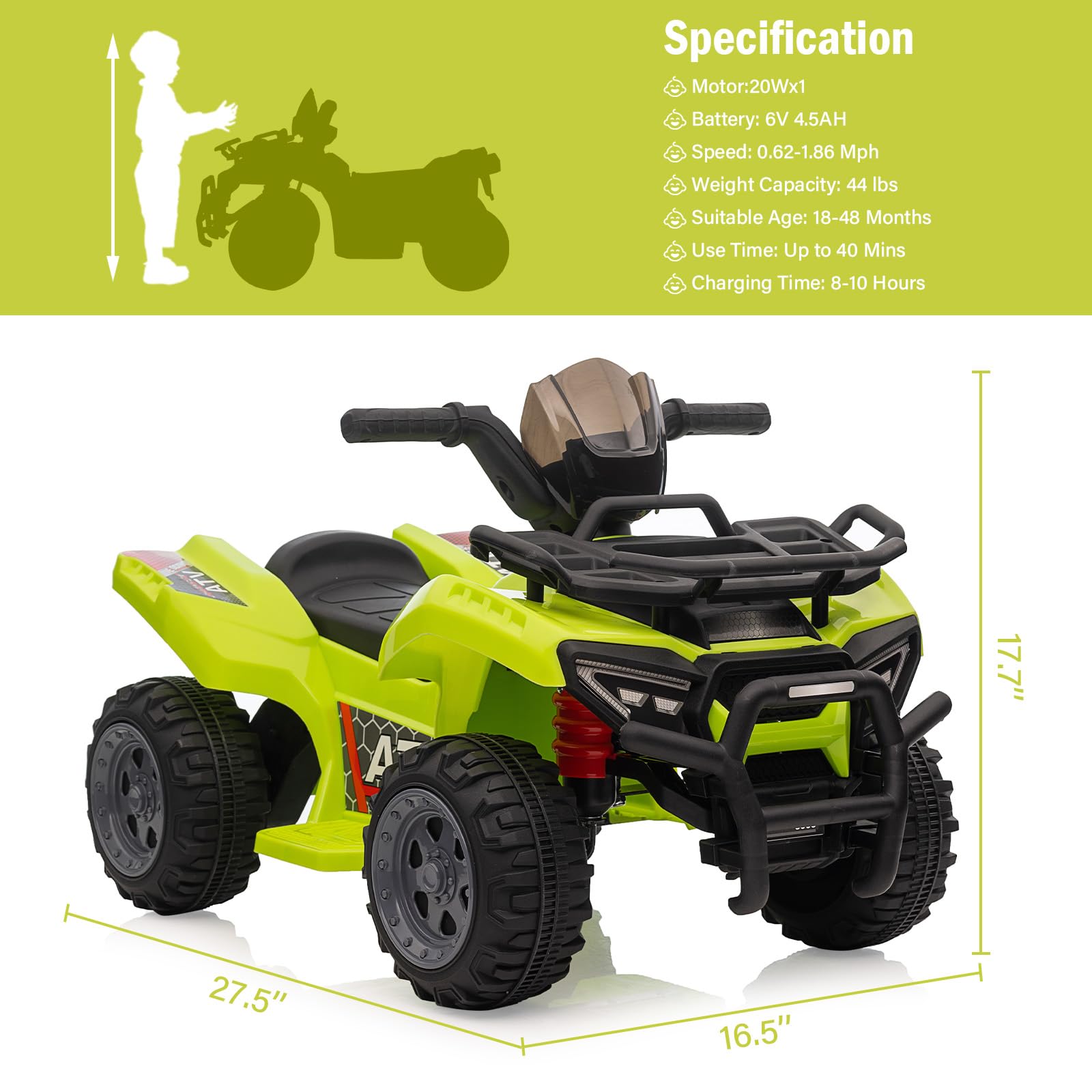 Garvee Kids ATV 4 Wheeler 6V Ride On Toy Car for Toddlers 18-48 Months with Music Green, 27.5"L x 16.5"W x 17.7"H