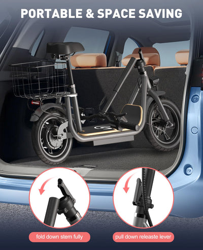 Garvee Electric Scooter for Adults, 12" Fat Tire Foldable Electric Bike with Seat and Basket, 450W Brushless Motor, Dual Brake System, 265lbs Max Load, 19 Mph 25 Miles Range, Smart LCD Display, Grey