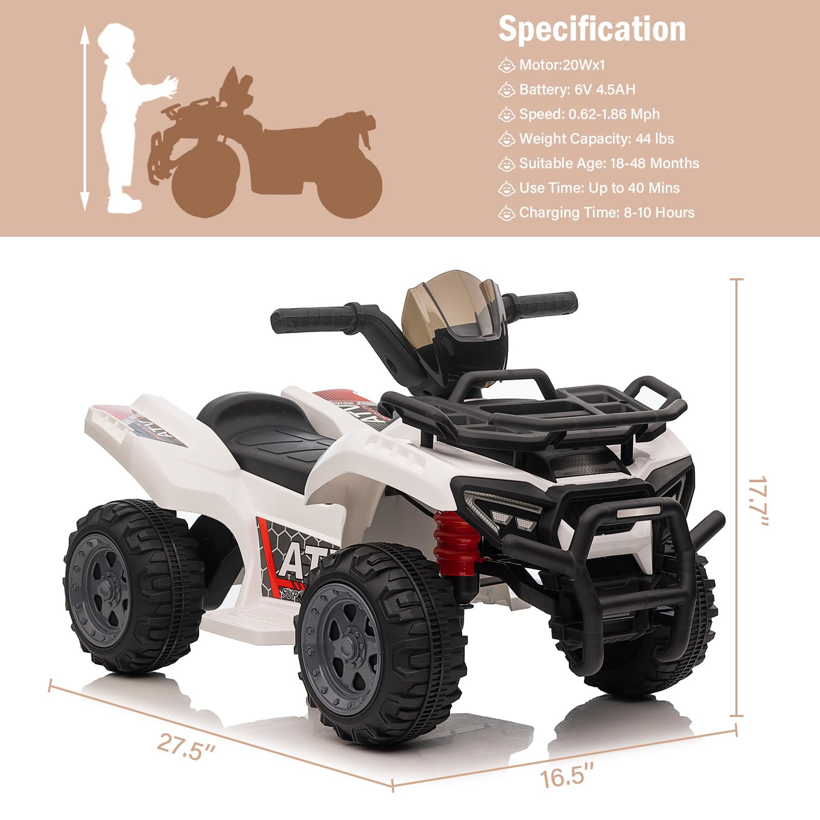 Garvee Kids ATV 4 Wheeler 6V Ride On Toy Car for Toddlers 18-48 Months White with Music, Wear-Resistant Wheels, 27.5"x16.5"x17.7"