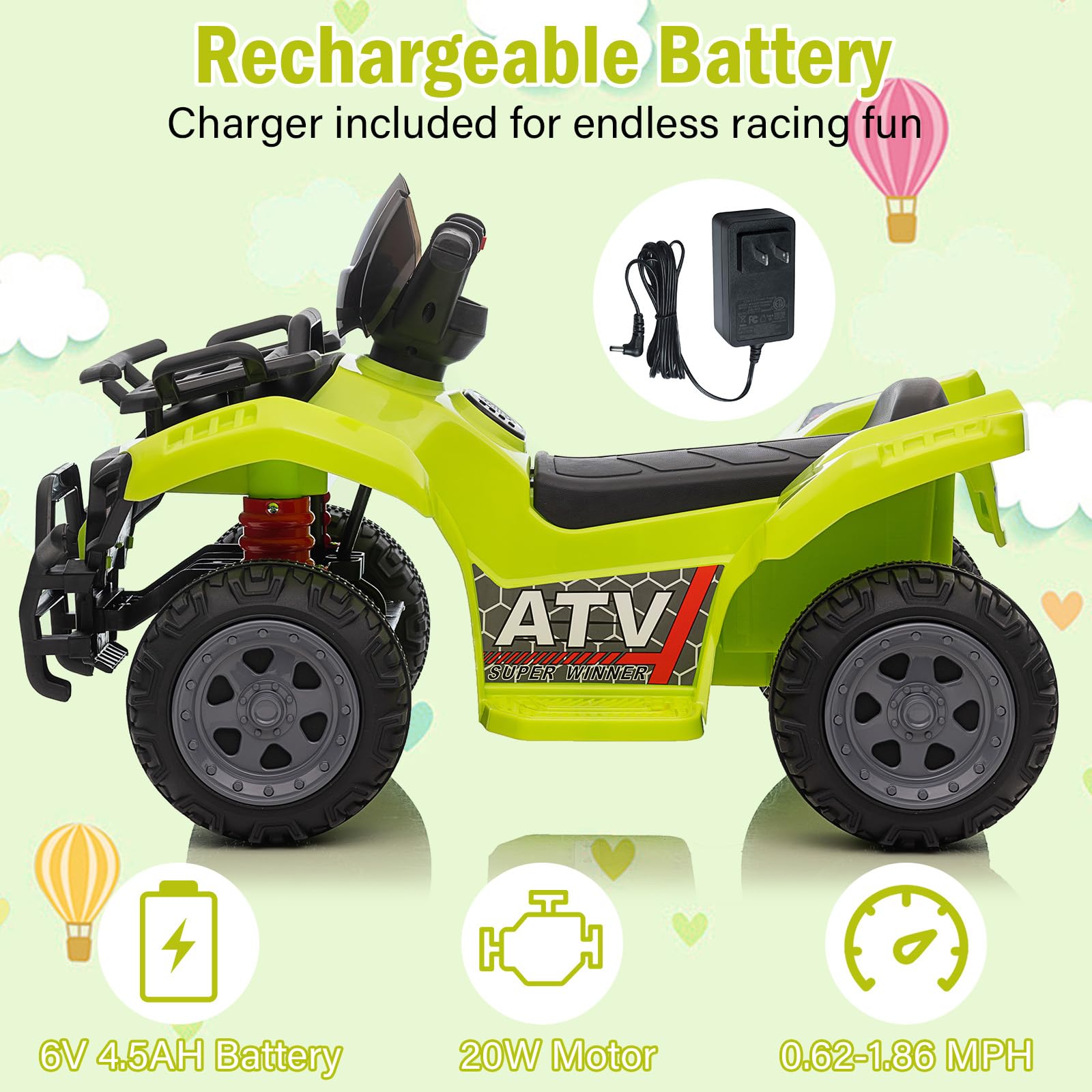 Garvee Kids ATV 4 Wheeler 6V Ride On Toy Car for Toddlers 18-48 Months with Music Green, 27.5"L x 16.5"W x 17.7"H
