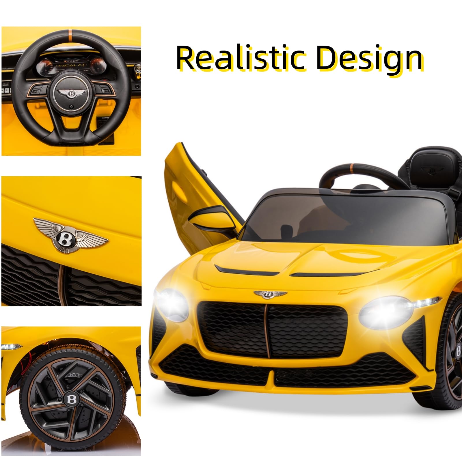 Garvee Kids Ride On Car, Licensed Bentley Bacalar 12V Electric Vehicles w/Parent Remote Control, Scissor Door, Suspension, 3 Speeds, LED Lights, Horn, Battery Powered Ride on Toy for Boys Girls - Yellow