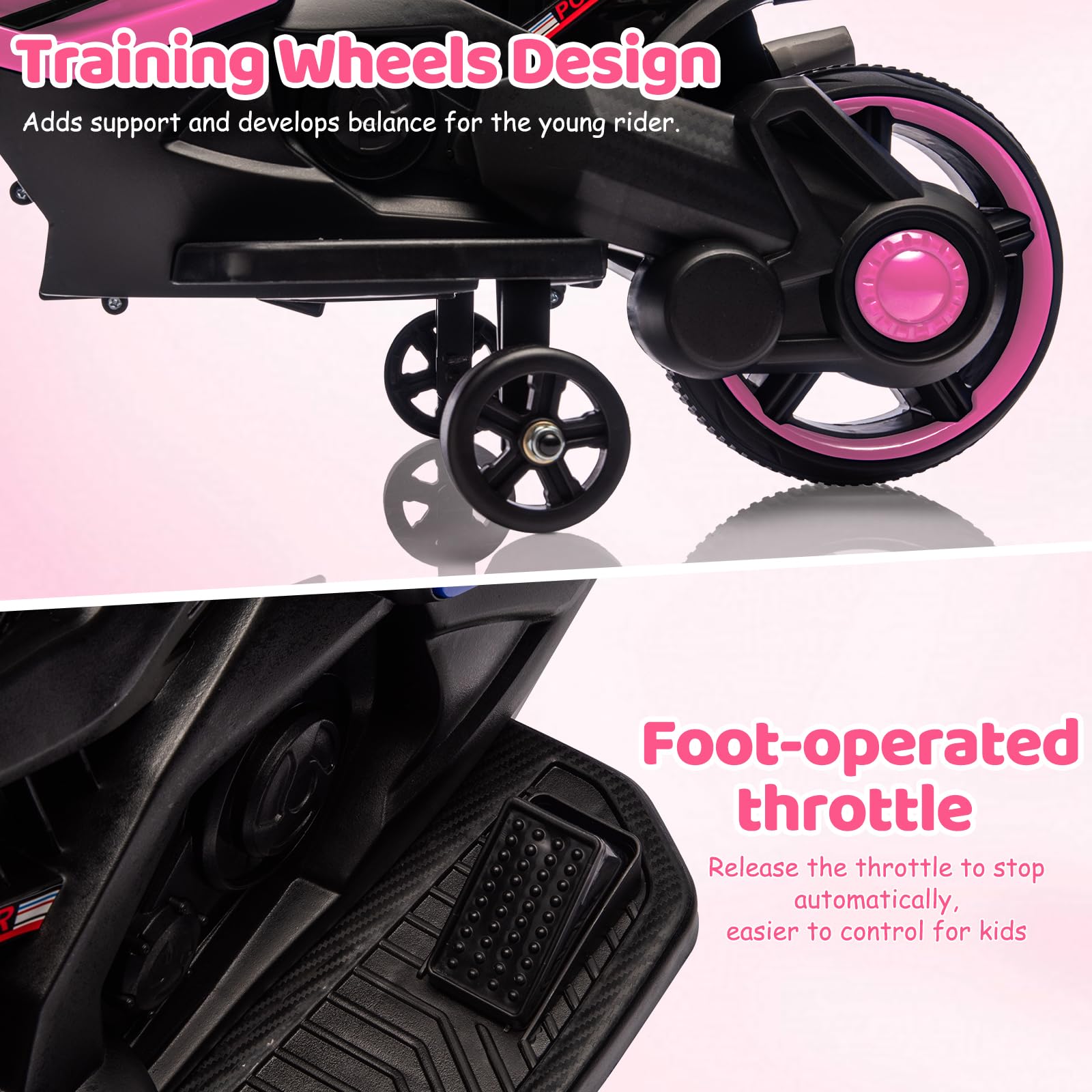 Garvee Kids 6V Ride On Motorcycle Pink With Training Wheels For Toddlers 3-6 Years, Stable Electric Toy Bike