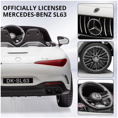 Garvee 12V Mercedes-Benz SL63 Ride-On Car: Remote Control, 2x35W Motors, 3-8 MPH, LED Lights, MP3, USB, Bluetooth, for Ages 3-7 - White