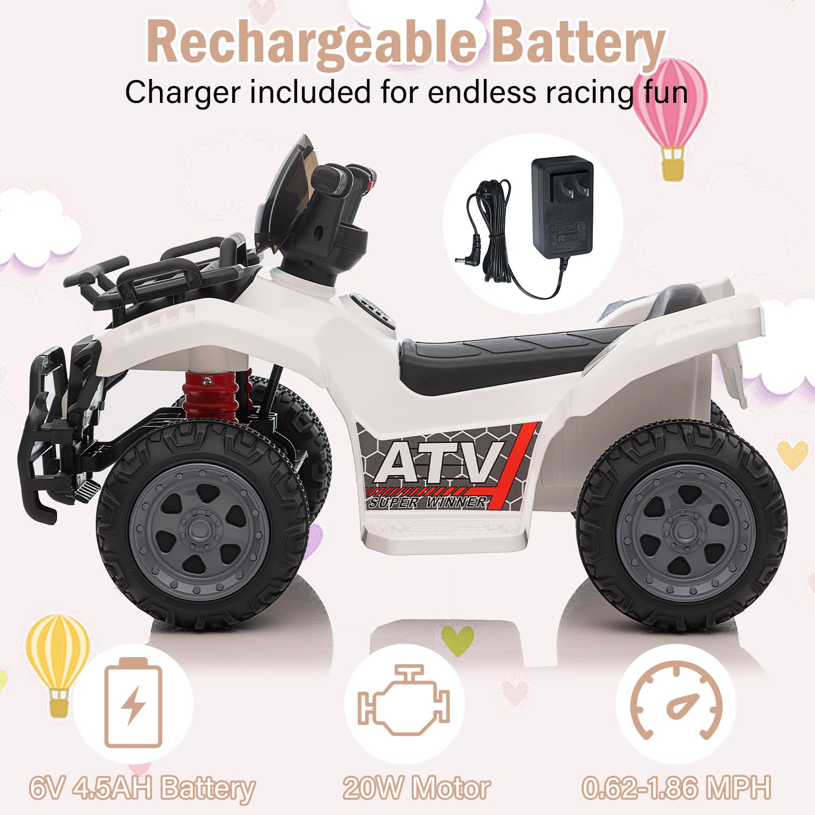 Garvee Kids ATV 4 Wheeler 6V Ride On Toy Car for Toddlers 18-48 Months White with Music, Wear-Resistant Wheels, 27.5"x16.5"x17.7"