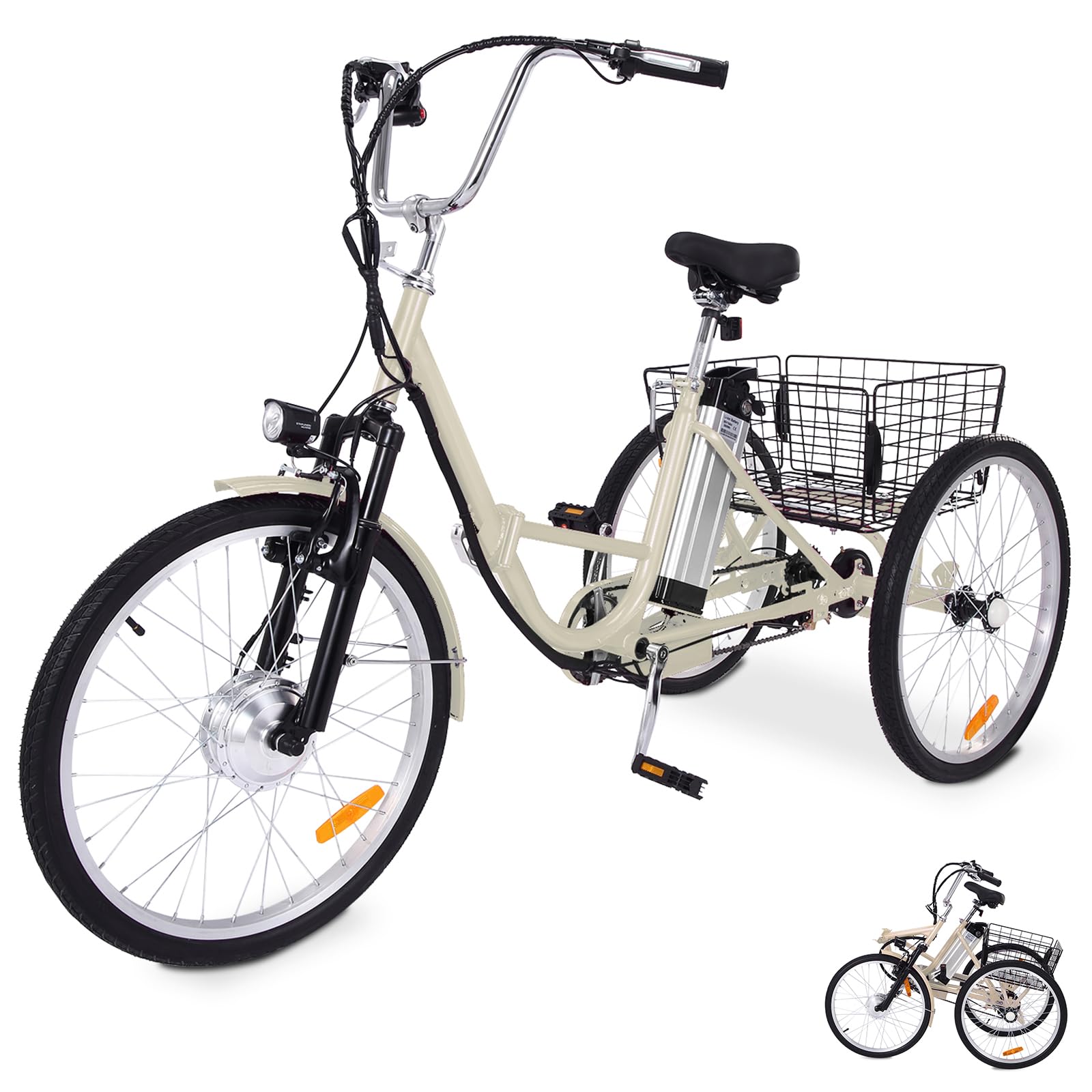 Garvee 26 Inch Adult Electric Tricycle Folding 7-Speed Electric Tricycle with Basket, 36V Detachable Battery, 250W Brushless Motor Suitable for Men and Women, Beige