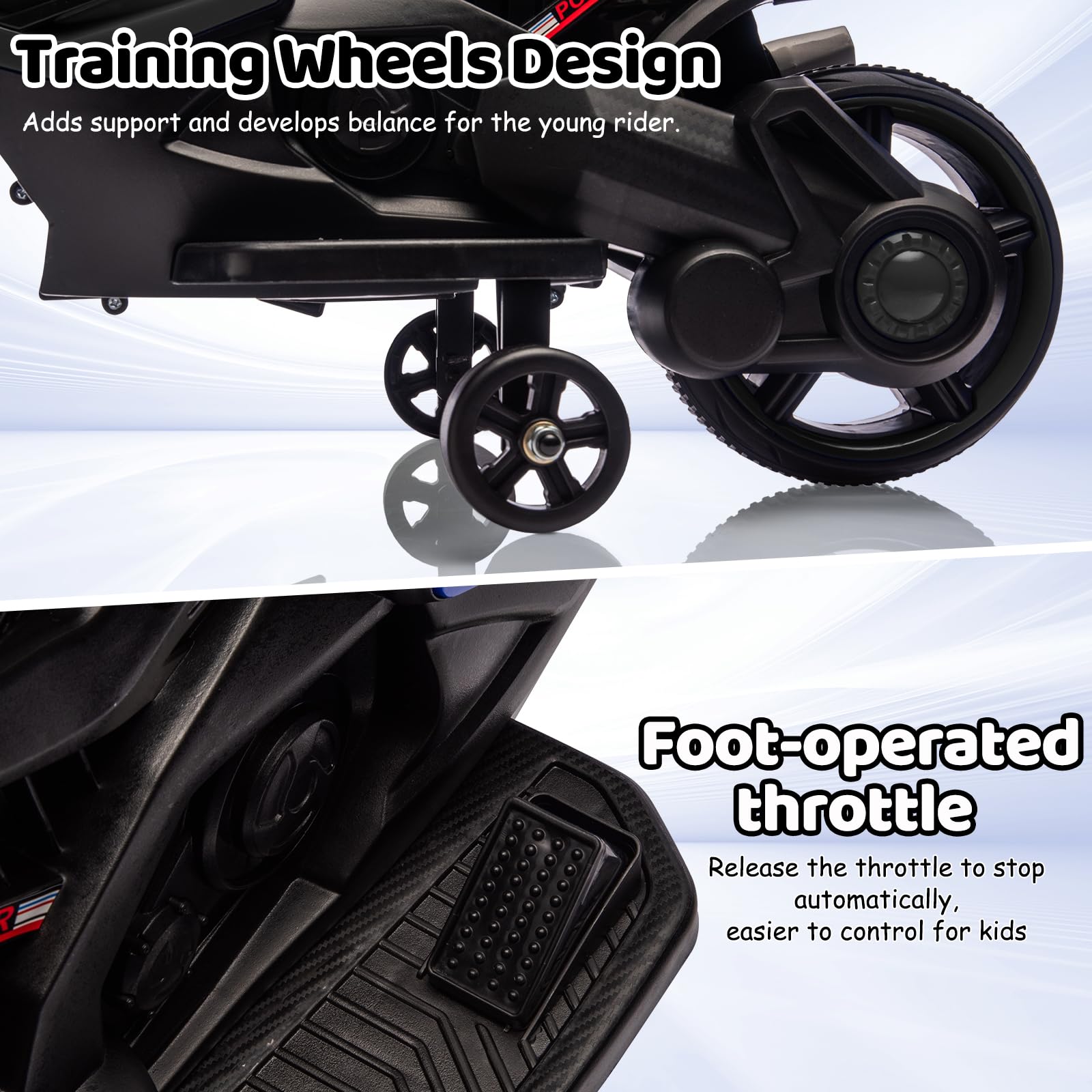 Garvee Kids 6V Ride On Motorcycle With Training Wheels For Toddlers, Black, 30.31" L x 14.96" W x 19.69" H