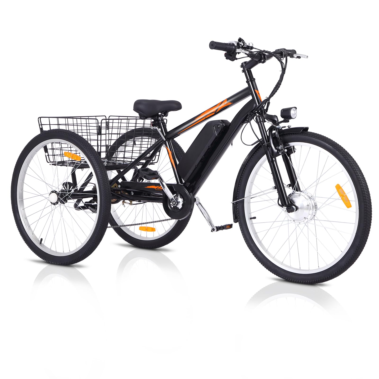 Garvee Adult 3-Wheel Electric Bike, 7-Speed Electric Trike with Basket - Black Orange / 26 inch Wheel