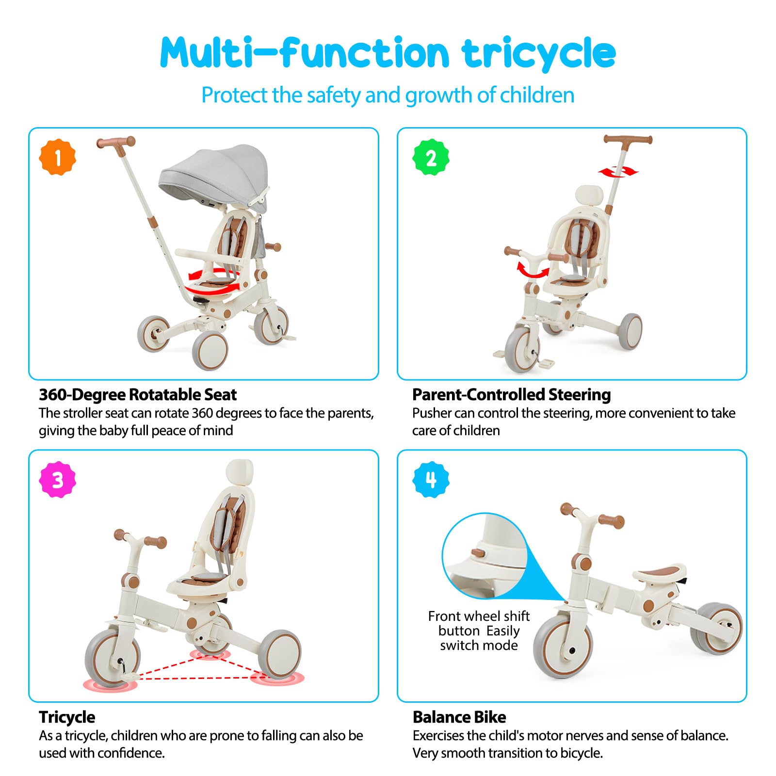 Garvee 7 in 1 Baby Tricycle, Foldable Toddler Tricycle with Removable and Adjustable Parent Handle, Toddler Push Bike with Removable Pedal, Canopy, and Guardrail, Tricycle for 12-72 Months（Brown）