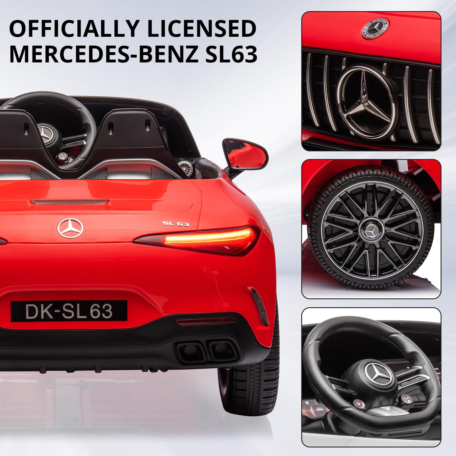 Garvee 12V Mercedes-Benz SL63 Ride-On Car: Remote Control, 2x35W Motors, 3-8 MPH, LED Lights, MP3, USB, Bluetooth, for Ages 3-7 - Red