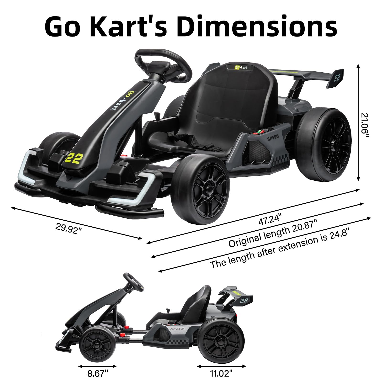 Garvee Ride - G Series: 24V Electric Go Kart, with 300W Strong Motor, Drift/Sport Mode, Big Battery, Eva Tire,Length Adjustment for Outdoor Racing Toy-Grey