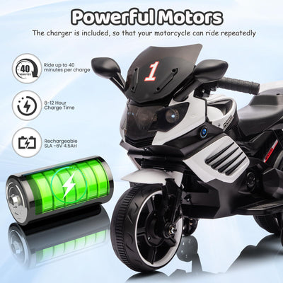 Garvee Kids 6V Ride On Motorcycle With Training Wheels For Toddlers, 30.31" L x 14.96" W x 19.69" H, White