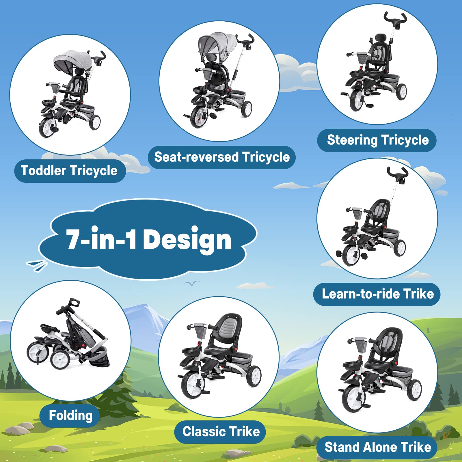 Garvee 7-in-1 Baby Tricycle, Folding Toddler Trike, Adjustable Push Handle, Rotatable Seat, Safety Harness, All-Terrain Wheels, For 1-5 Year Olds (Gray)