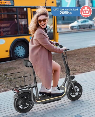 Garvee Electric Scooter for Adults, 12" Fat Tire Foldable Electric Bike with Seat and Basket, 450W Brushless Motor, Dual Brake System, 265lbs Max Load, 19 Mph 25 Miles Range, Smart LCD Display, Grey