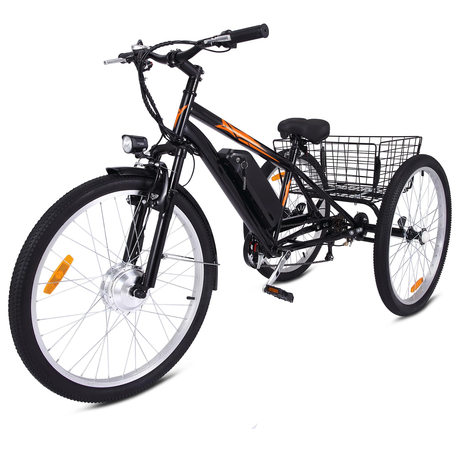 Garvee Adult 3-Wheel Electric Bike, 7-Speed Electric Trike with Basket - Black Orange / 26 inch Wheel