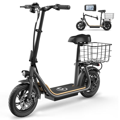 Garvee Electric Scooter for Adults, 12" Fat Tire Foldable Electric Bike with Seat and Basket, 450W Brushless Motor, Dual Brake System, 265lbs Max Load, 19 Mph 25 Miles Range, Smart LCD Display, Grey