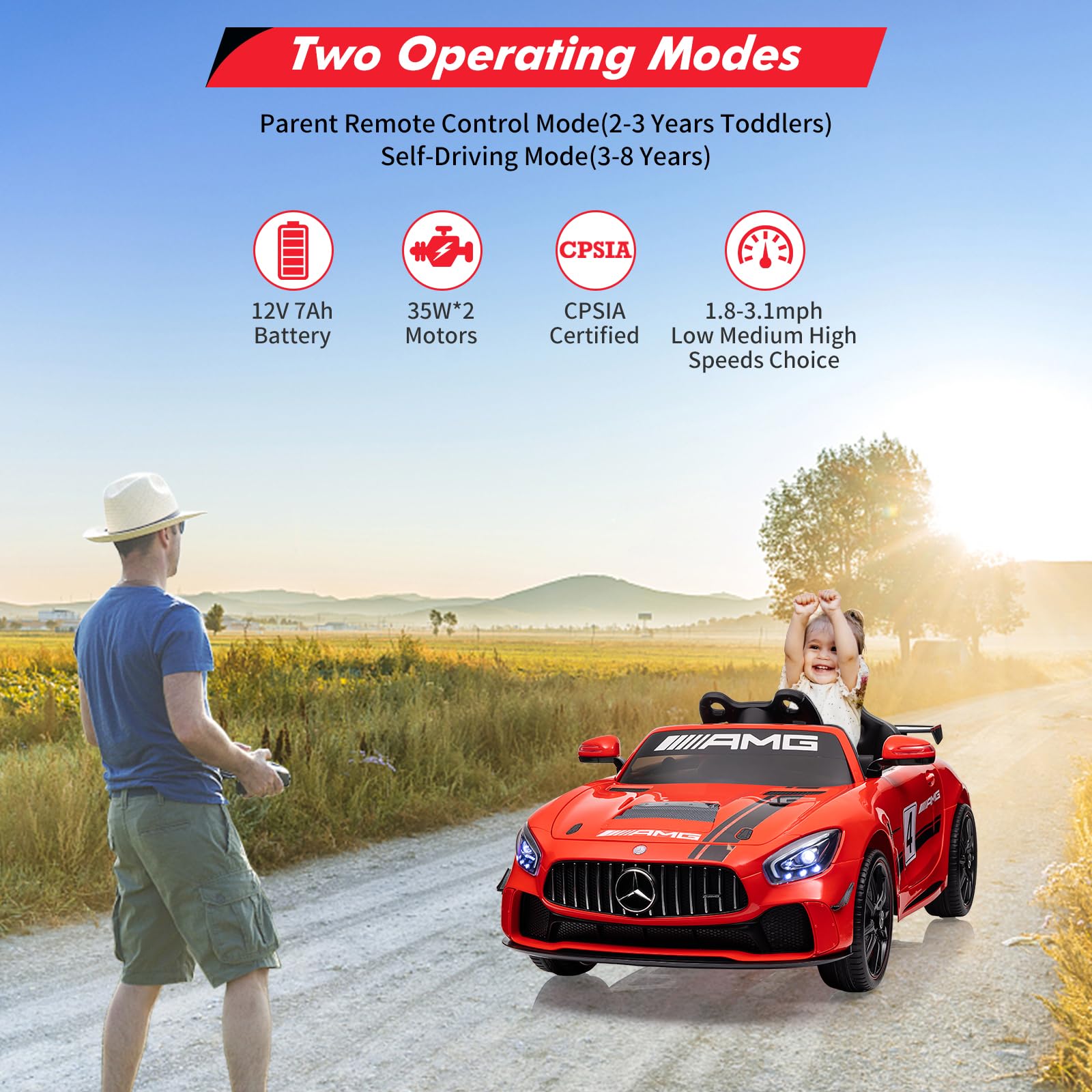 Garvee 12V Licensed Benz AMG Ride-On Car: Remote Control, Sound System, LED Headlights, One-Button Assemble Wheels, for Ages 3-8 - Red