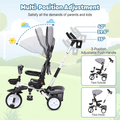 Garvee 7-in-1 Baby Tricycle, Folding Toddler Trike, Adjustable Push Handle, Rotatable Seat, Safety Harness, All-Terrain Wheels, For 1-5 Year Olds (Gray)