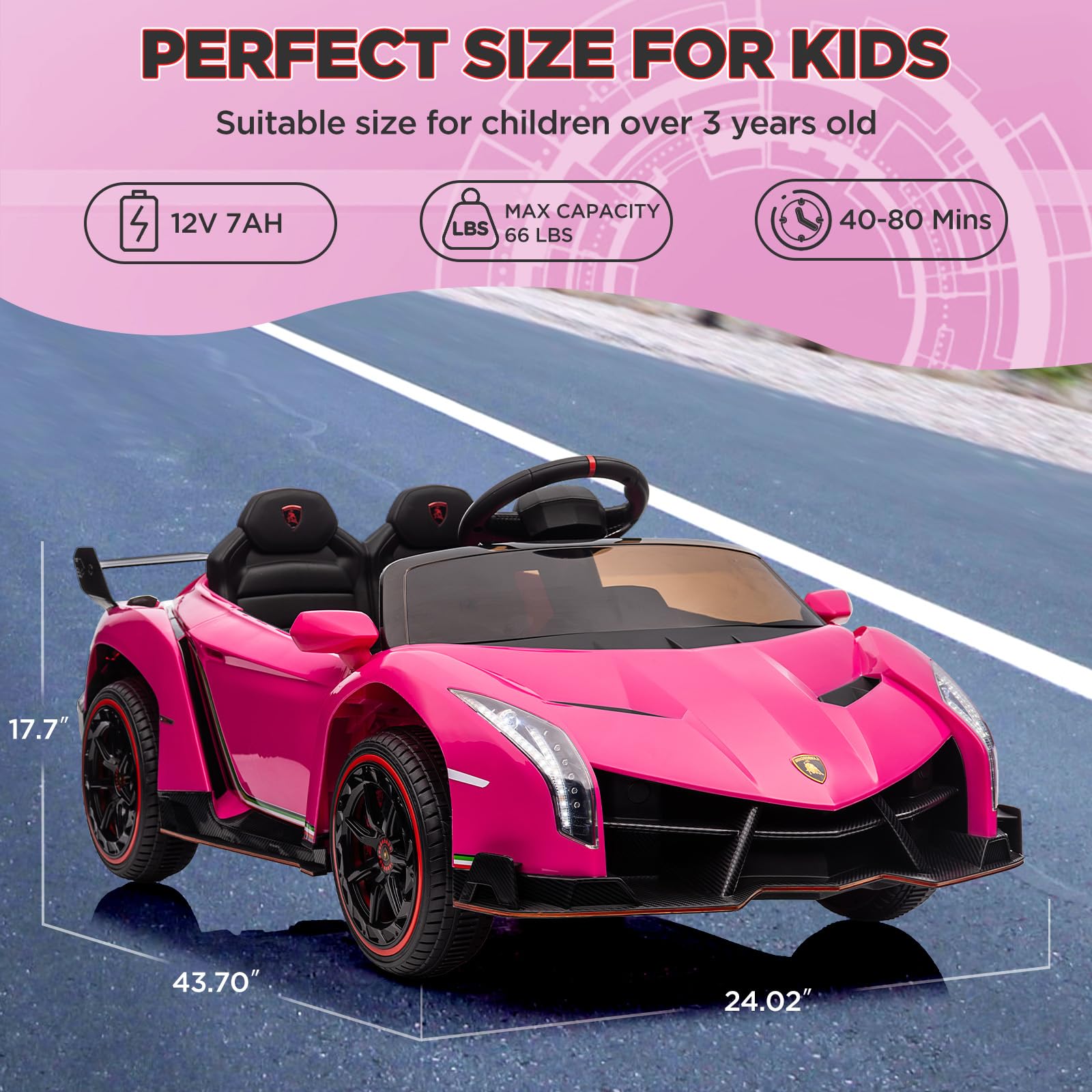 Garvee 12V Kids Ride On Car, Licensed Lamborghini Venono Electric Car w/Parent Remote Control, Scissor Door, 3 Speeds, LED Headlights, Rocking & Music, Battery Powered Ride on Toy for Boys Girls- Pink