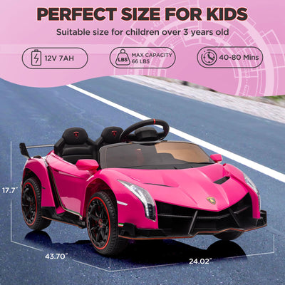 Garvee 12V Kids Ride On Car, Licensed Lamborghini Venono Electric Car w/Parent Remote Control, Scissor Door, 3 Speeds, LED Headlights, Rocking & Music, Battery Powered Ride on Toy for Boys Girls- Pink