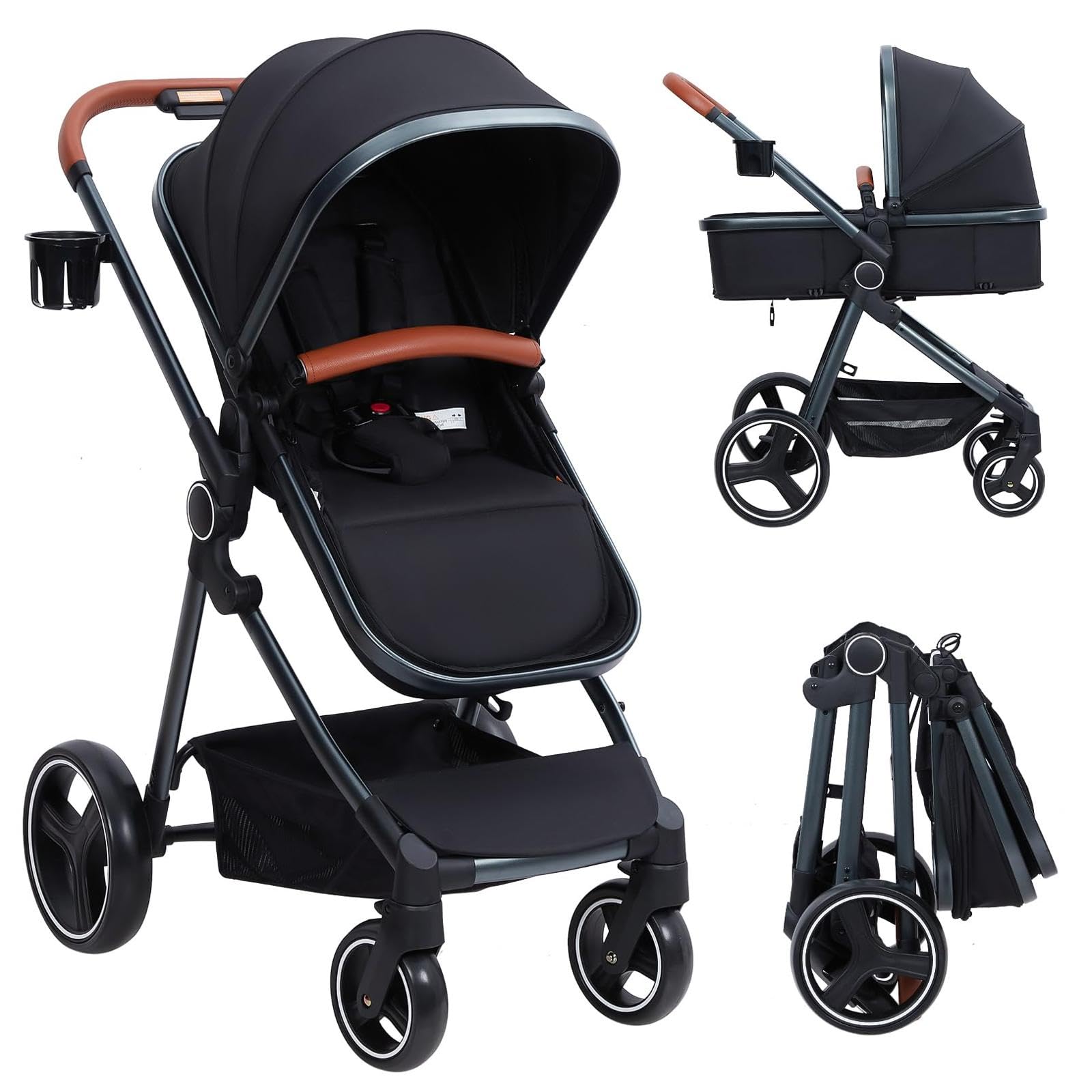 Garvee Convertible Baby Stroller with Bassinet Mode Luxury Aluminum Structure 5-Point Harness Black