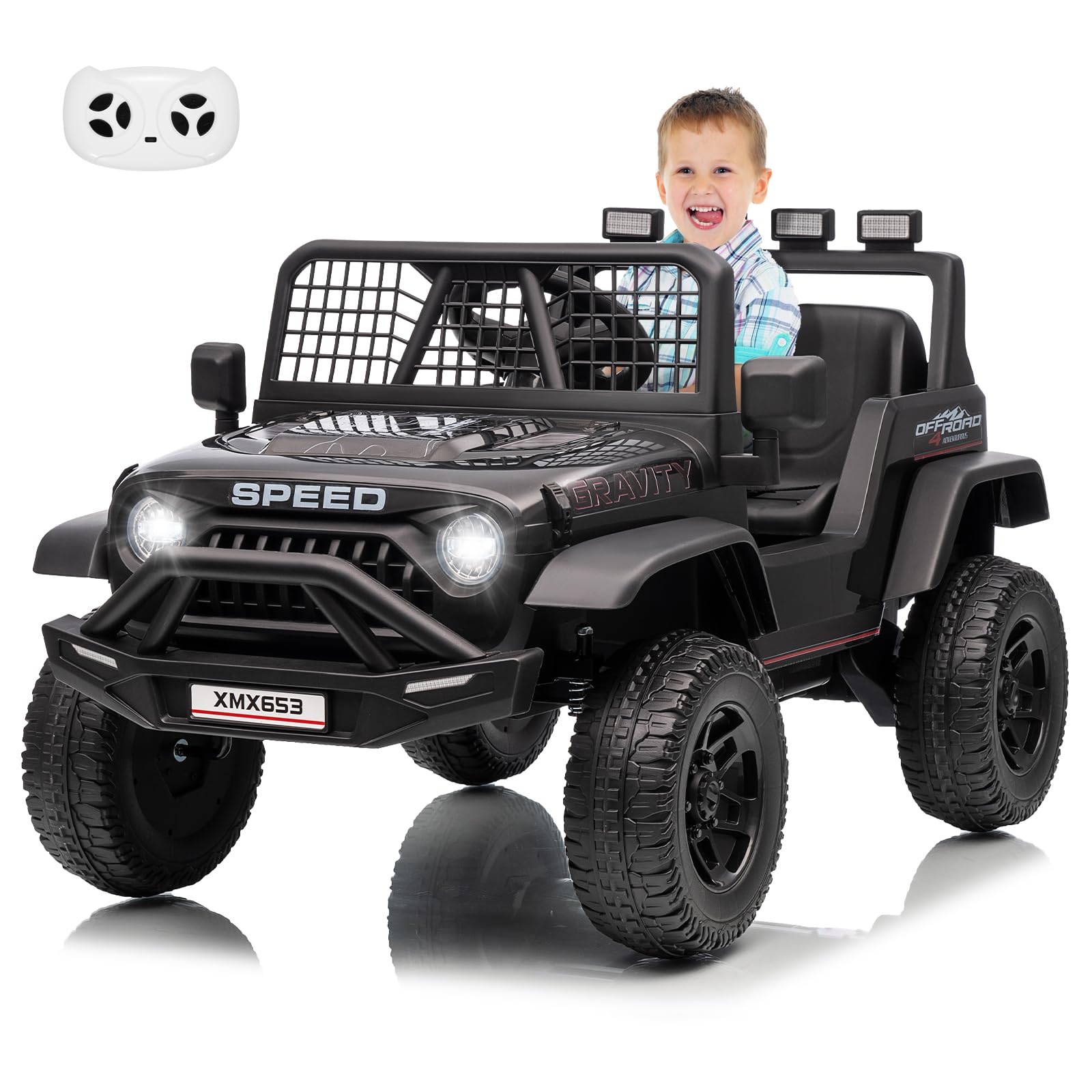 Garvee 12V Kids Ride On Truck Car with Parent Remote Control, 3 Speeds, Emergency Braking, LED Lights, Music & Horn, Black