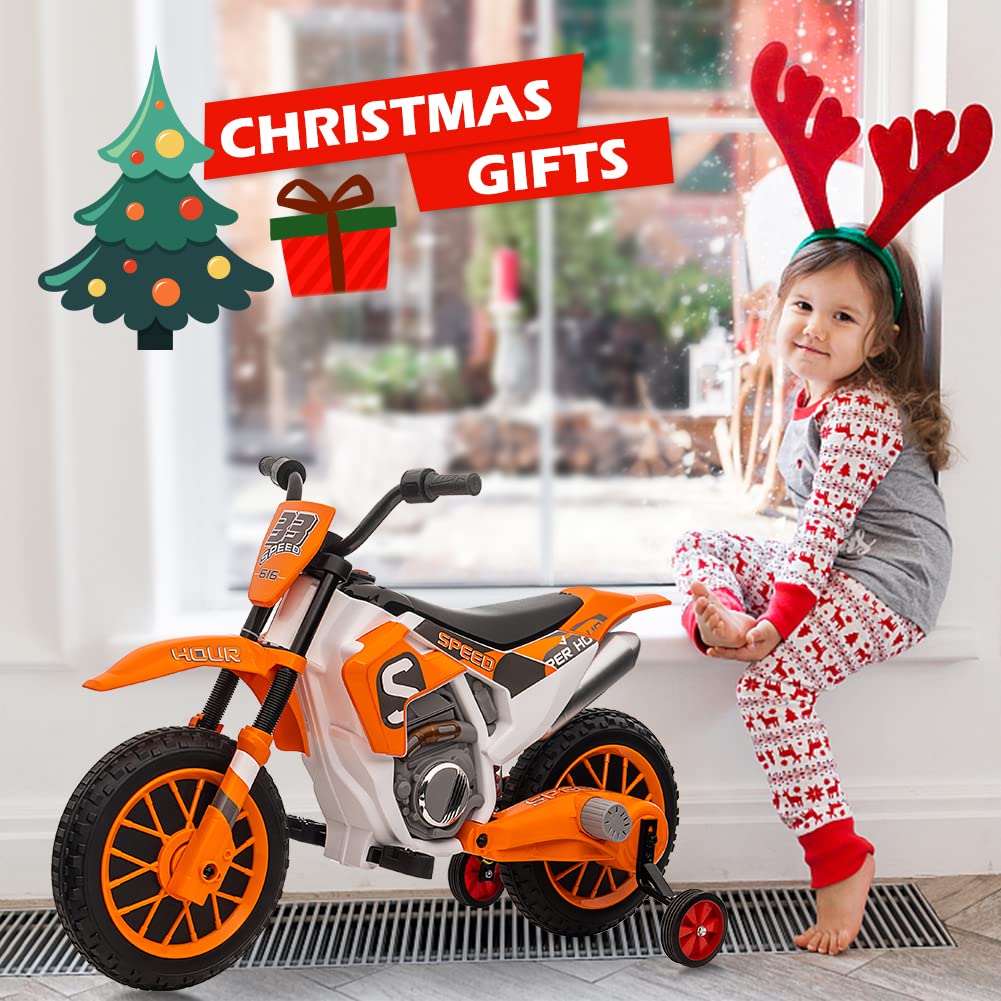 Garvee 12V Kids Ride On Motorcycle, 7AH Battery Powered Electric Motorcycle 2 Speed Off Road Motocross with 35W Strong Motor, Training Wheels, Spring Suspension - Orange