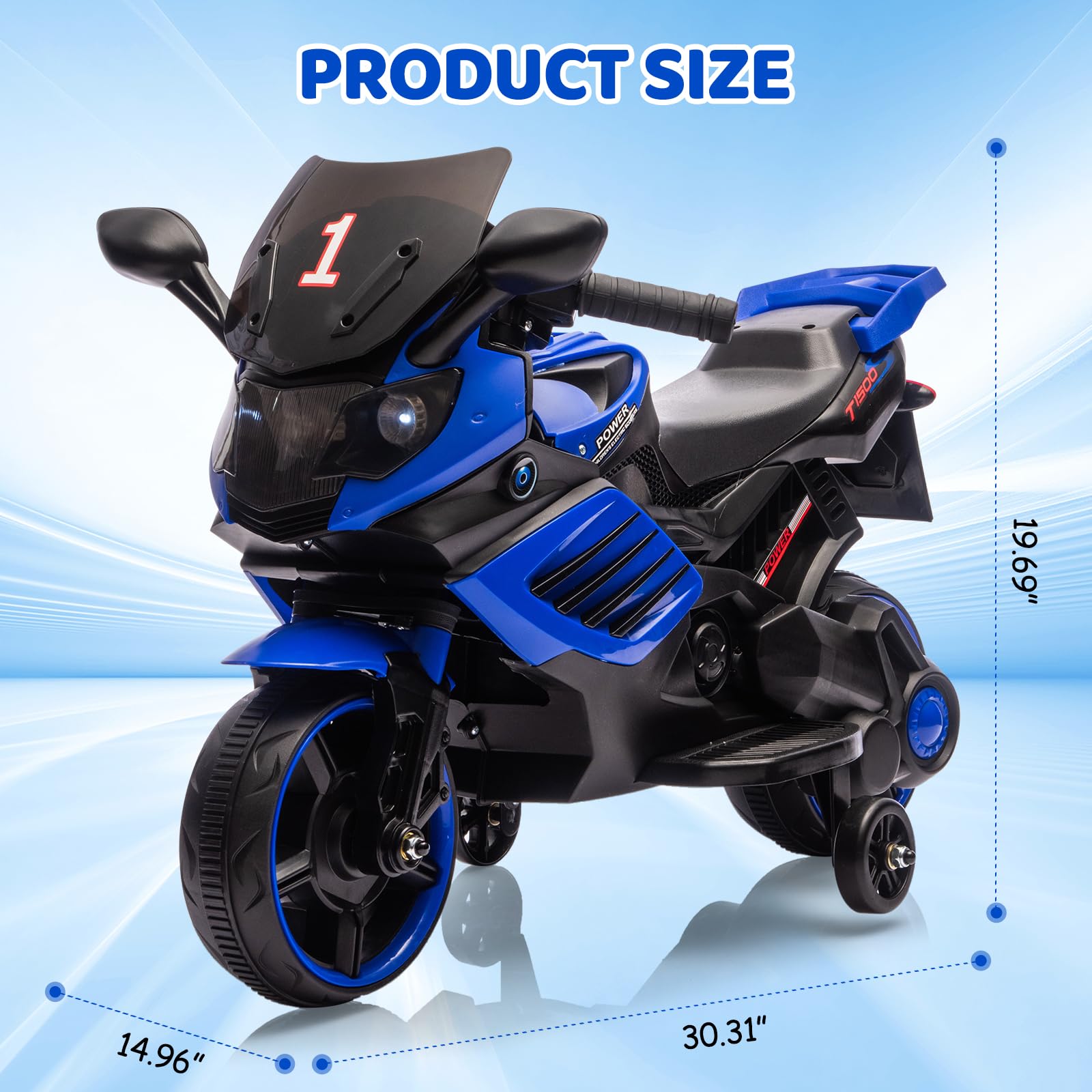 Garvee Kids 6V Ride On Motorcycle Battery Powered Ride On Toys with Training Wheels for Toddlers Blue 30.31" L x 14.96" W x 19.69" H