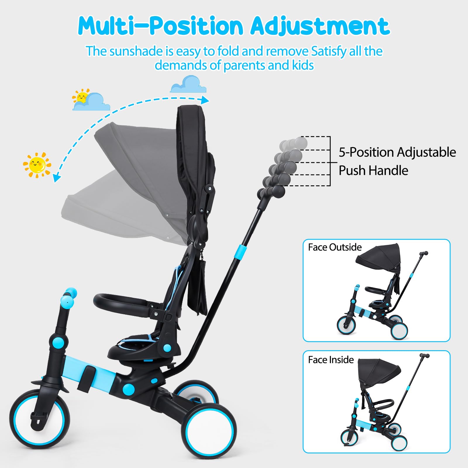 Garvee 7-in-1 Foldable Baby Tricycle with Adjustable Handle, Removable Pedal, Canopy & Guardrail, Aluminum Frame, for 12-72 Months (Blue)