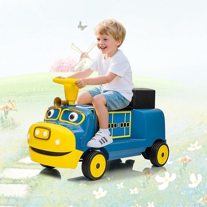 Garvee 12V Kids Ride On Train Trackless 2-Seater Dual Motor Rubber Wheels Light Music Blue Outdoor Fun