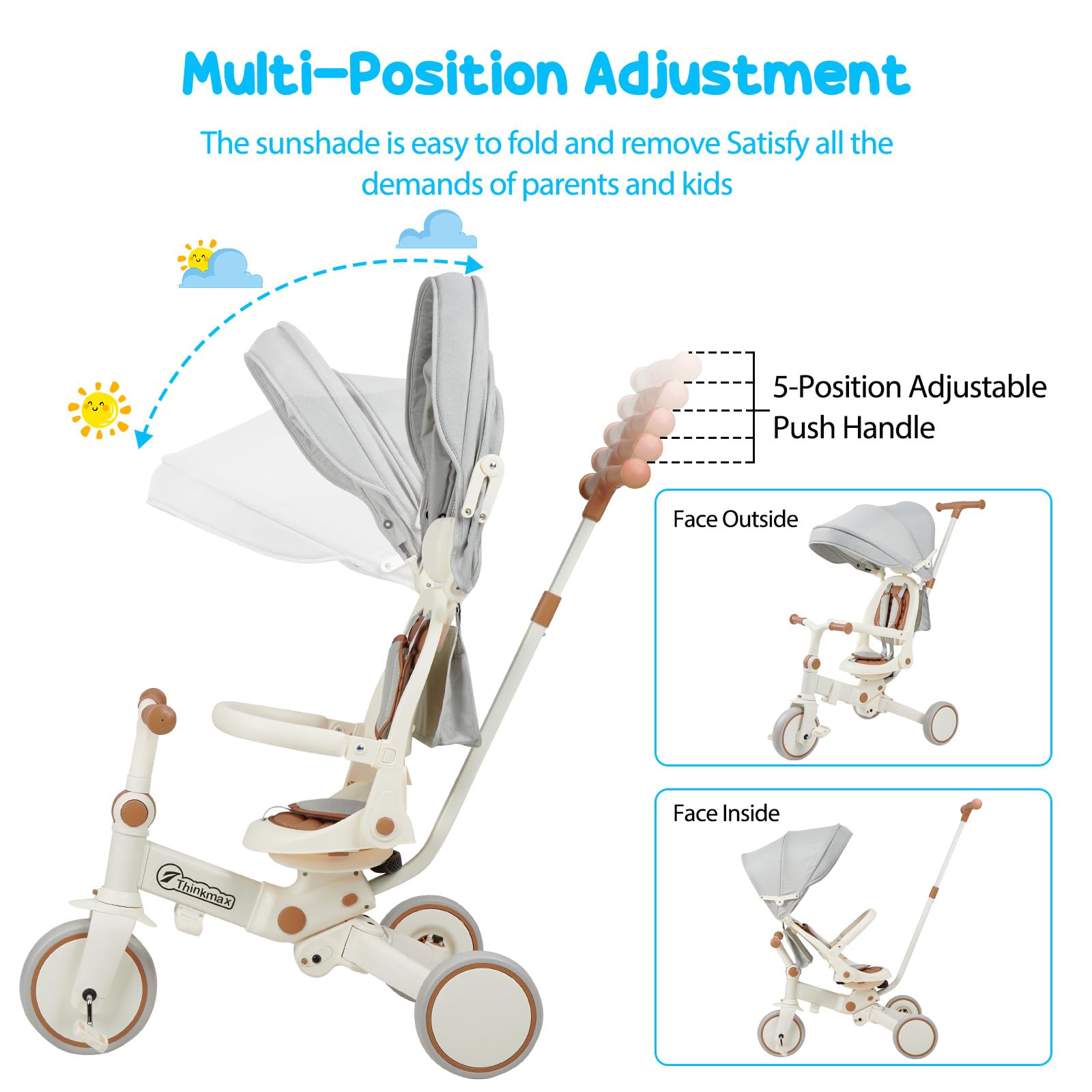 Garvee 7 in 1 Baby Tricycle, Foldable Toddler Tricycle with Removable and Adjustable Parent Handle, Toddler Push Bike with Removable Pedal, Canopy, and Guardrail, Tricycle for 12-72 Months（Brown）