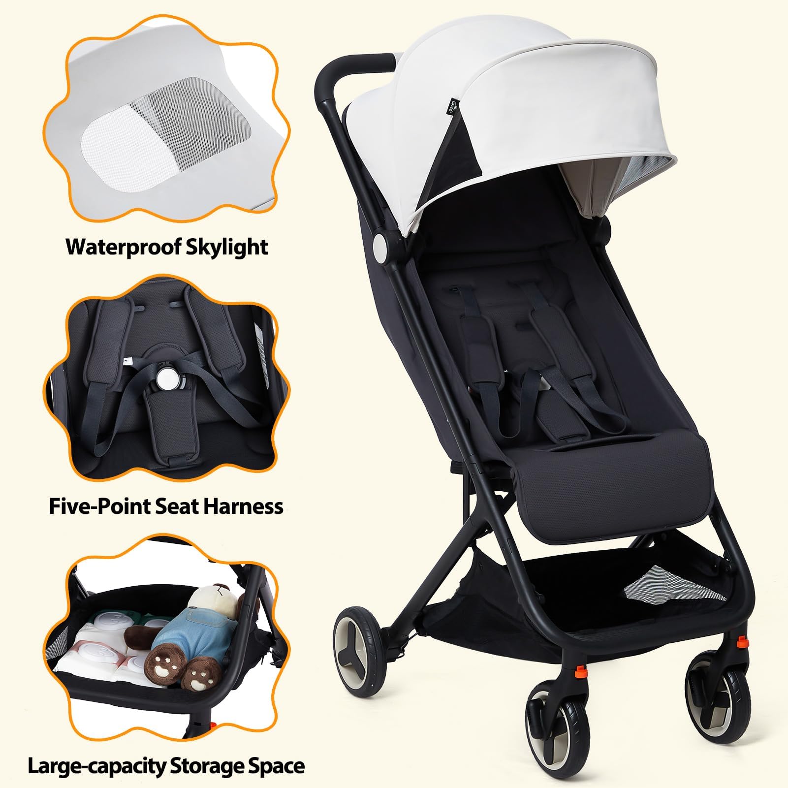 Garvee Lightweight Compact Stroller, One Hand Fold, Airplane Friendly, Reclining Seat, Canopy, Smooth Suspension, Travel Ready, Pink, Ideal for Travel - Beige