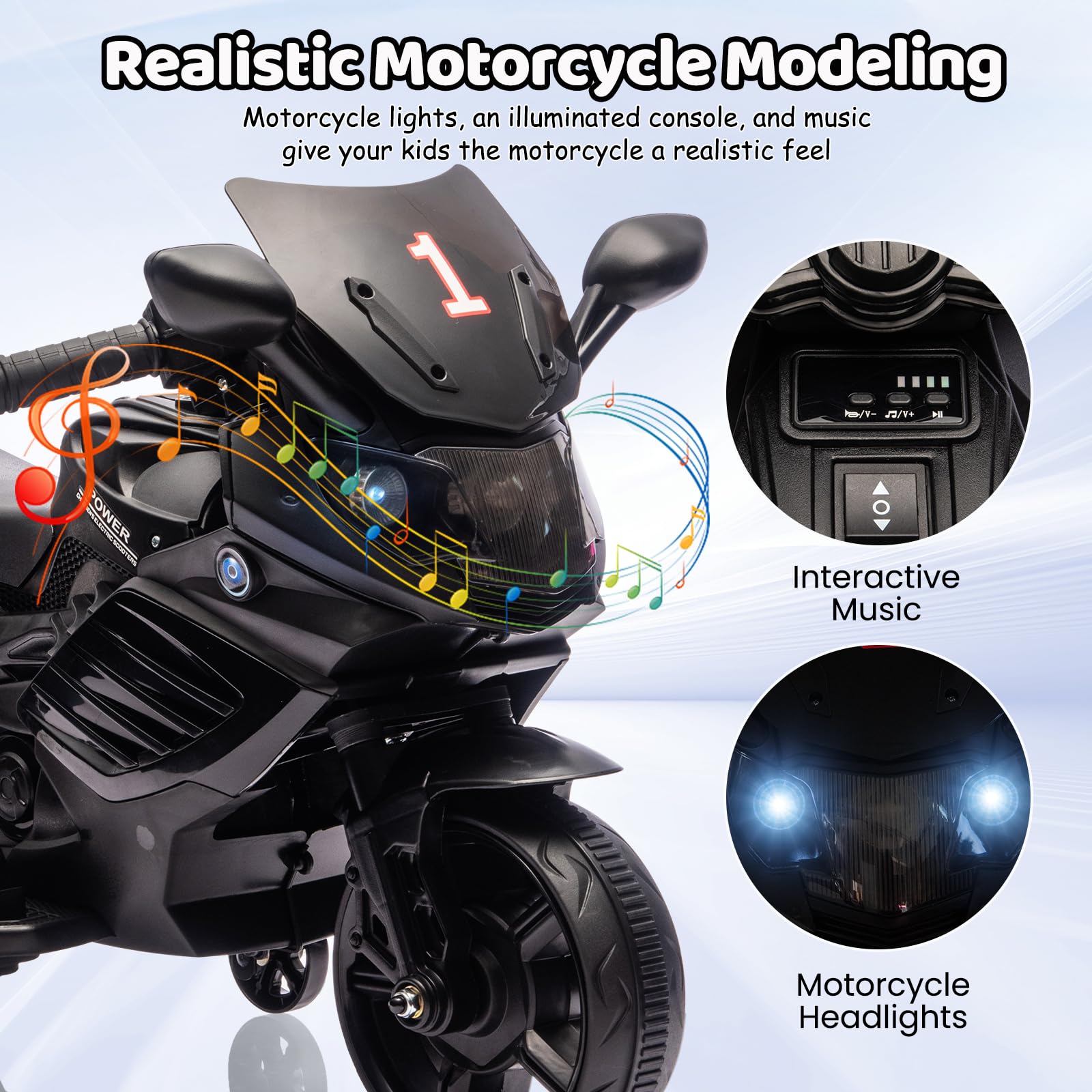 Garvee Kids 6V Ride On Motorcycle With Training Wheels For Toddlers, Black, 30.31" L x 14.96" W x 19.69" H