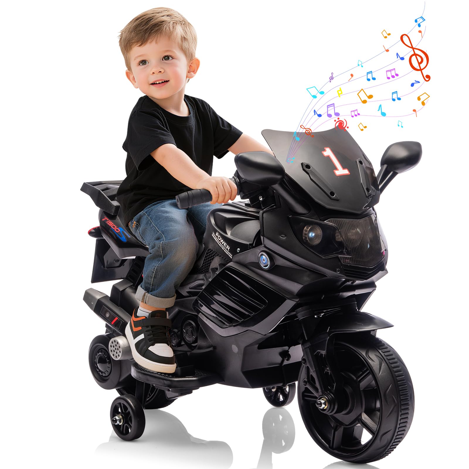 Garvee Kids 6V Ride On Motorcycle With Training Wheels For Toddlers, Black, 30.31" L x 14.96" W x 19.69" H