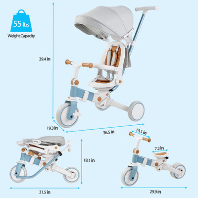 Garvee 7 in 1 Baby Tricycle, Foldable Toddler Tricycle with Removable and Adjustable Parent Handle, Toddler Push Bike with Removable Pedal, Canopy, and Guardrail, Tricycle for 12-72 Months（White）