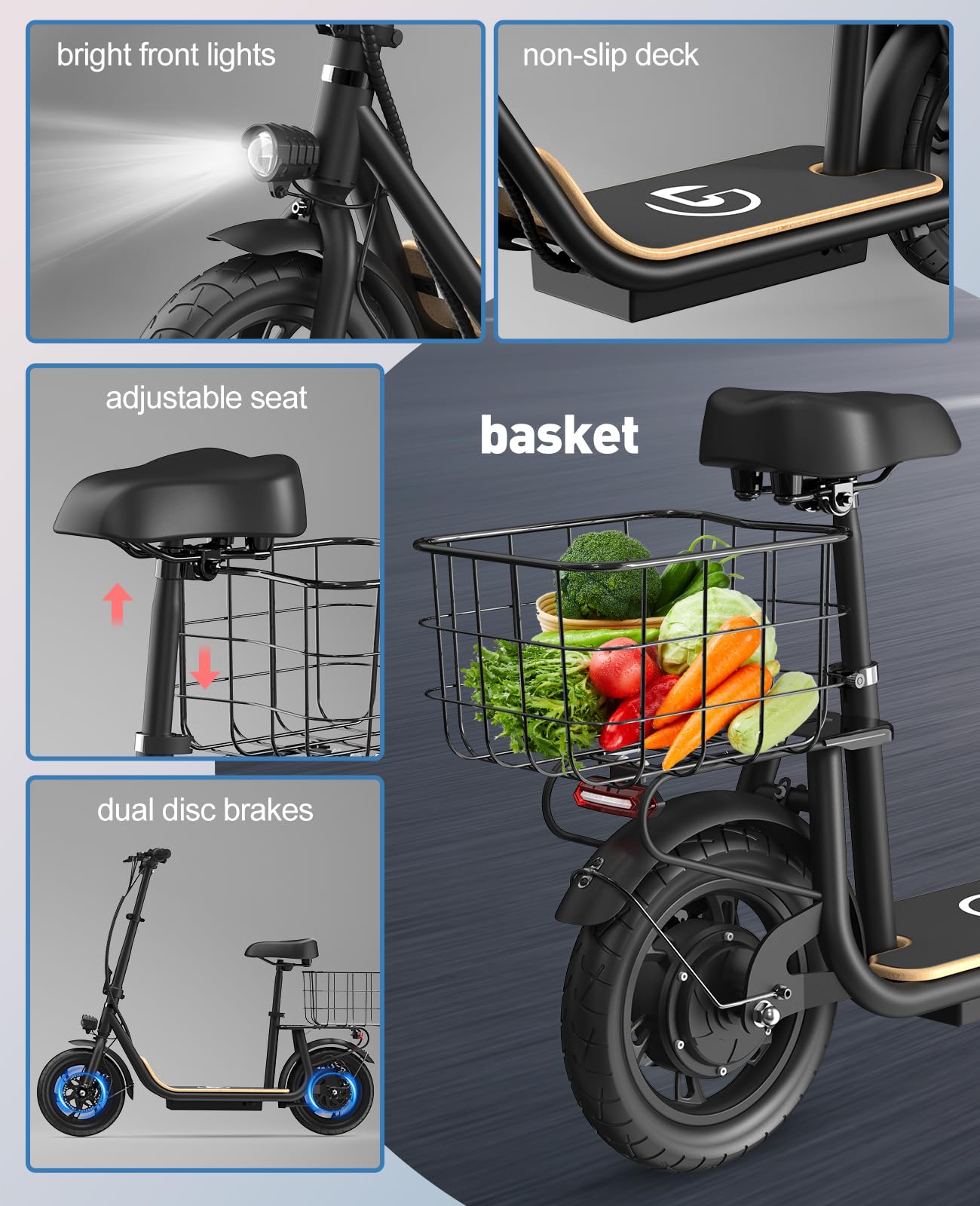 Garvee Electric Scooter with Seat, 36V Battery, 12" Tire, 450W Electric Scooter with Seat, Shock Absorbing Seat, Foldable Electric Scooters for Adults, Electric Scooter for Commuting with Basket