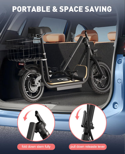 Garvee Electric Scooter for Adults, 12" Fat Tire Foldable Electric Bike with Seat and Basket, 500W Brushless Motor, Dual Brake System, 265lbs Max Load, 19 Mph 30 Miles Range, Smart LCD Display, Black