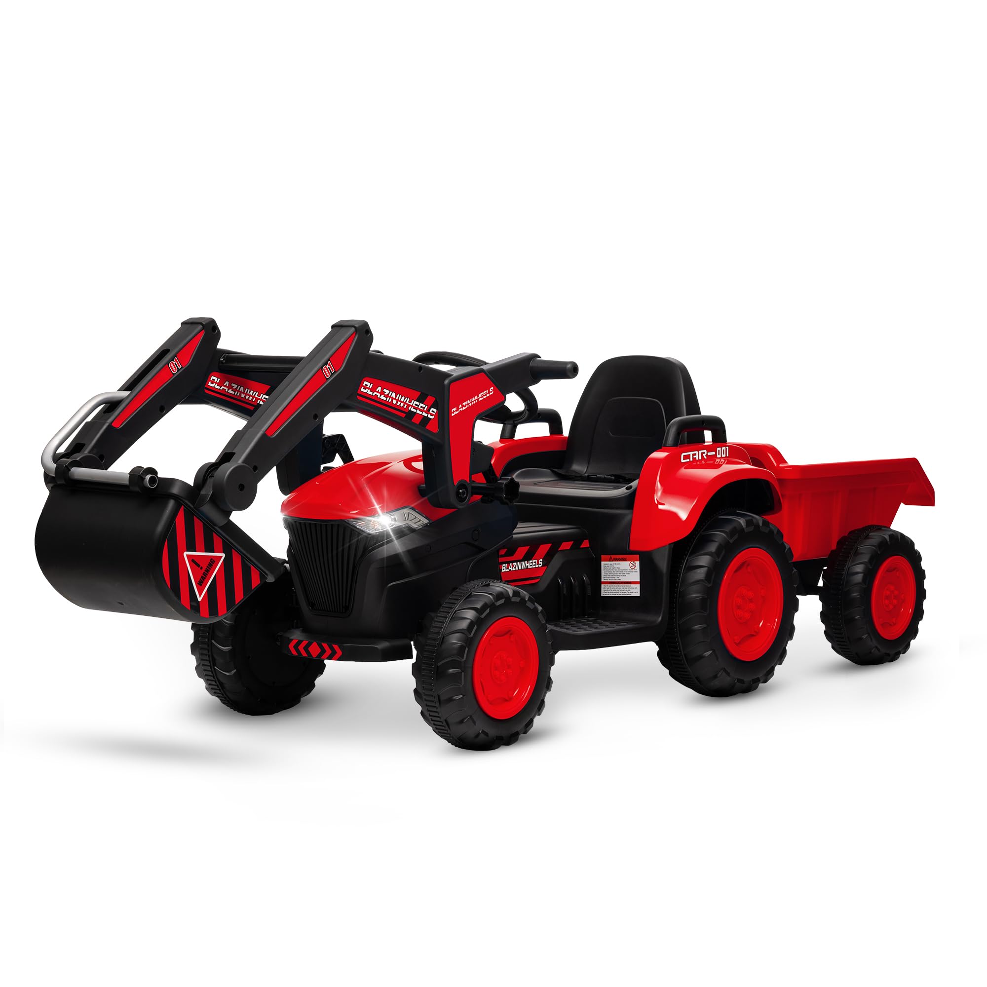 Garvee Ride - P Series: 12V 3 in 1 Ride on Excavator & Tractor with Detachable Trailer, Ride on Car Toy with Remote Control, Digger, LED Lights, Music, Kids Electric Vehicles for Boys Girls, Red