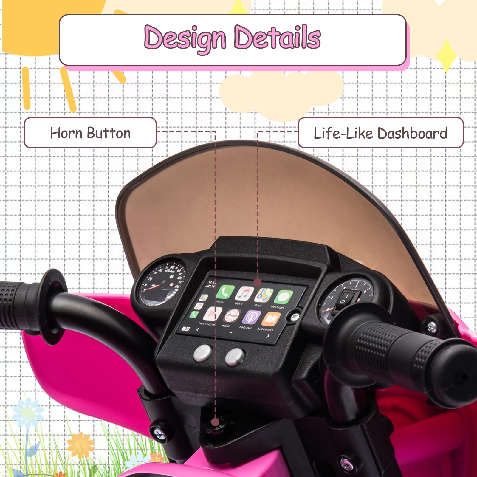 Garvee Ride - B Series: 6V Ride-On Motorcycle for Kids, Electric Dirt Bike with USB, Music, Headlight - Pink
